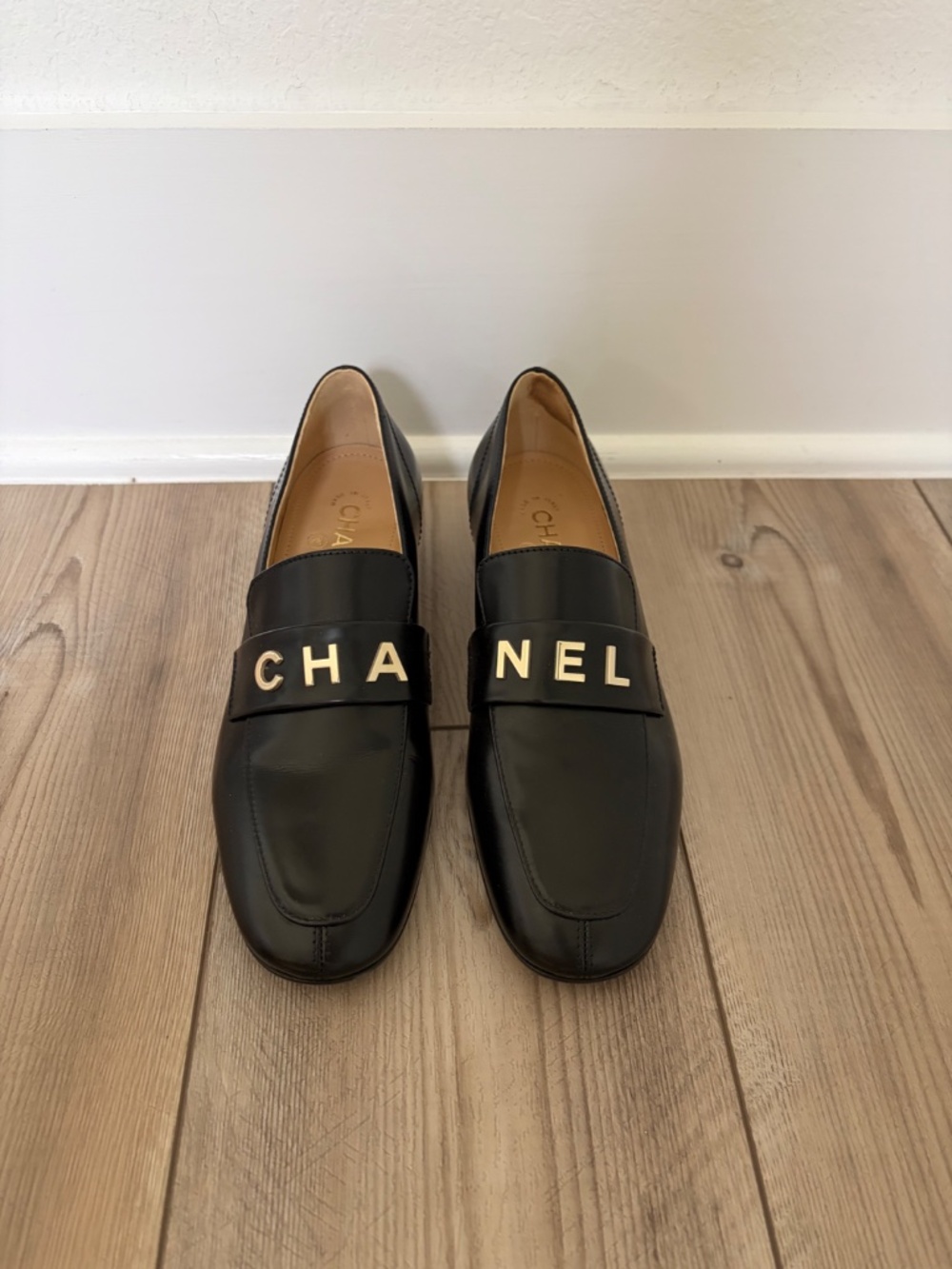 CHANEL Shiny Calfskin Logo Loafers - Picture 4 of 8